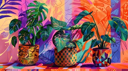 Tropical Paradise Set of Exotic Houseplants in Ceramic Vessels against a Kaleidoscopic Abstract Background