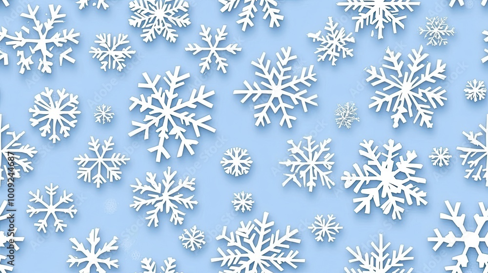 Poster a seamless pattern features white snowflakes scattered across a light blue backdrop, creating a mini