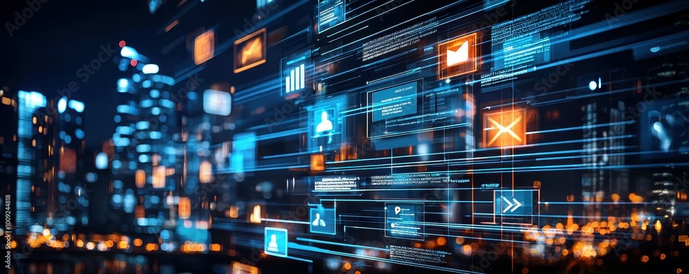 Poster abstract digital data and code over city lights.
