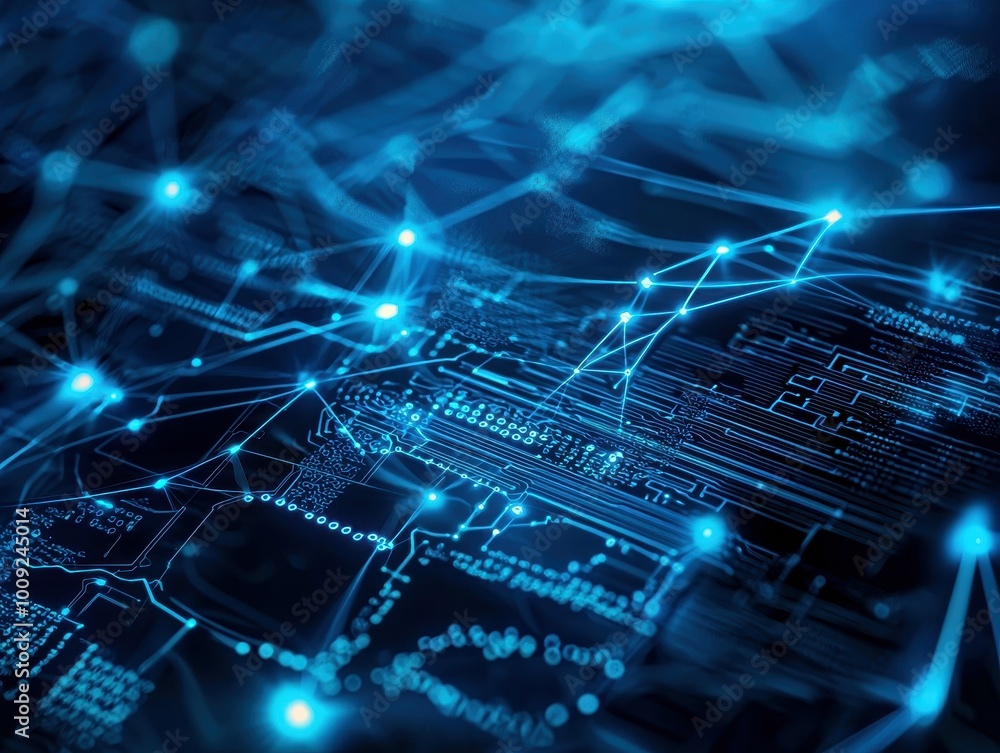 Poster abstract image of a computer circuit board with glowing blue lines.