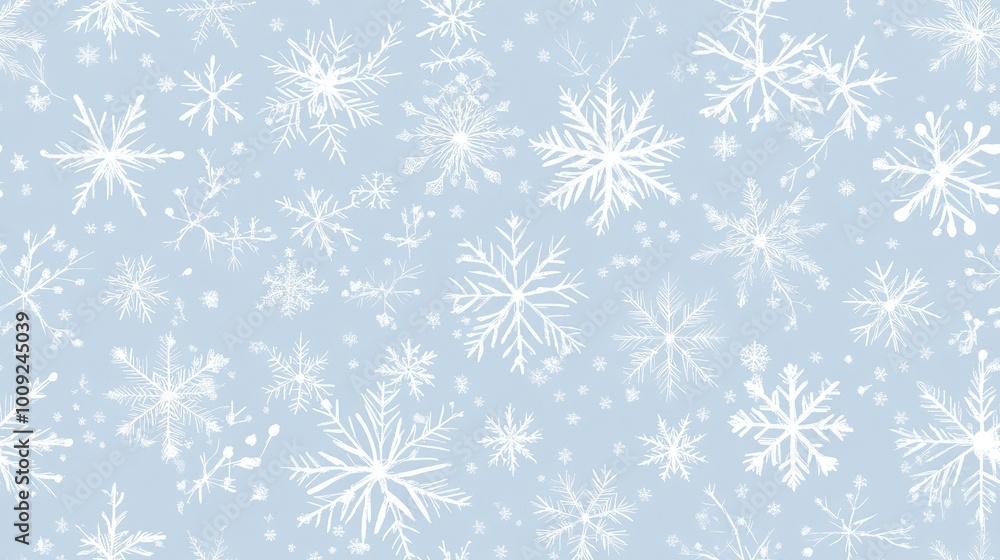 Poster a seamless pattern features white snowflakes scattered across a light blue backdrop, creating a mini