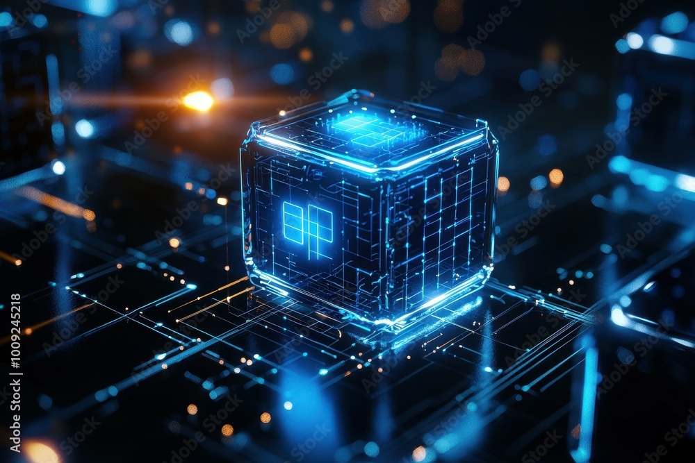 Aufkleber a glowing blue cube with a digital grid pattern sits on a dark circuit board.