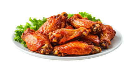 Savory and spicy chicken wings garnished with fresh lettuce on a plate, on the transparent background. PNG Format