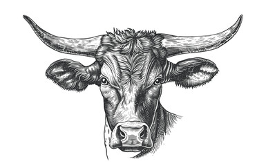 Cow, bull, farm. Vintage retro print, black white cow sketch ink pencil style drawing, engrave old school. Sketch artwork silhouette farm cow, white background. Side view profile. Illustration