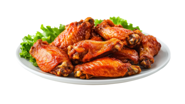 Savory and spicy chicken wings garnished with fresh lettuce on a plate, on the transparent background. PNG Format