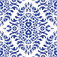 Watercolor pattern tile. Mediterranean blue damask hand drawn floral design rhombus.