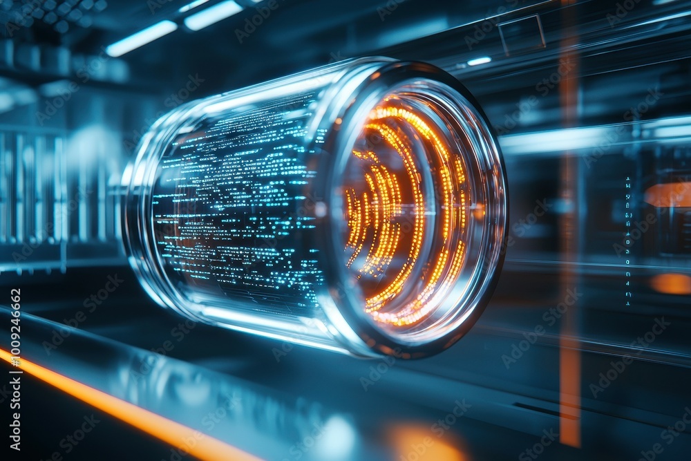 Poster a glowing cylinder filled with data streams and lines of code.