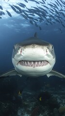 Fototapeta premium A close-up of a shark underwater, showcasing its teeth and features.