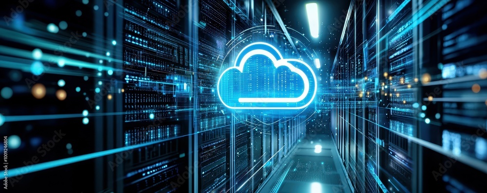 Poster a cloud computing symbol glowing in a server room.