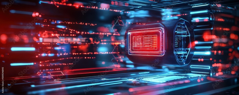 Poster a digital rendering of a futuristic data center with glowing red and blue lights.