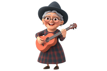 Cheerful grandmother strumming a guitar in a whimsical garden setting, on the transparent background. PNG Format