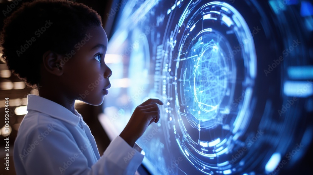 Poster a young child is pointing at a computer screen displaying a blue circle