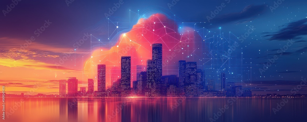 Poster silhouette of a city skyline at sunset with a cloud-shaped network of interconnected lines and nodes