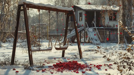An abandoned playground covered in snow, with old, rusted swings and slides, while red rose petals fall gently, symbolizing lost innocence and forgotten joy