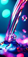 A multitude of bright droplets bursts in a colorful splash, creating a stunning display of vibrant hues against a softly blurred background. Freezing motion. The beauty of nature in the moment. AI