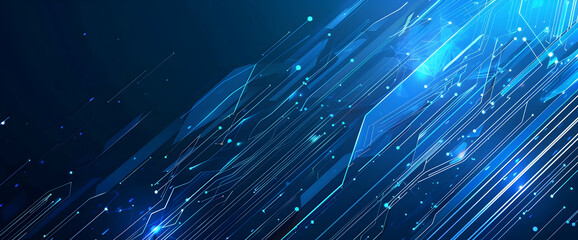 Blue technology background with speed lines and triangular shapes on a dark blue gradient background