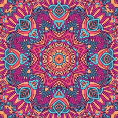 Festive seamless pattern ornamental. Ethnic geometric medallion print. Colorful repeating background texture. Mexican psychdedlic mandala pattern