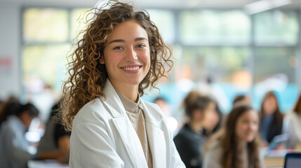 Obraz premium A beautiful female teacher in her late twenties wearing professional attire and smiling, standing at the front of an open plan classroom filled with students seated behind desks working on laptops