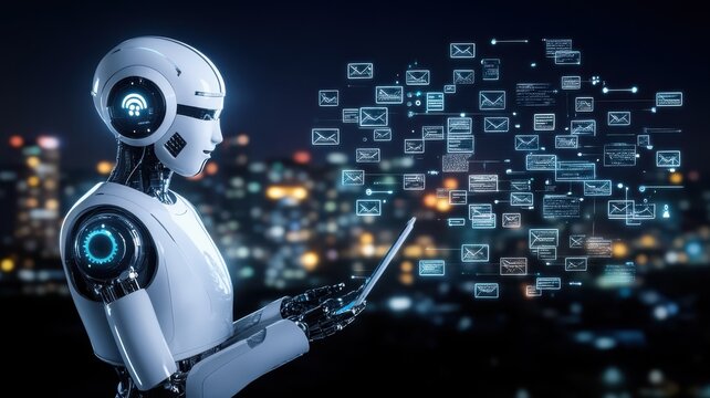 A robot is holding a laptop and is surrounded by a lot of images