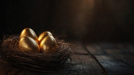 Fototapeta premium A nest of shiny golden Easter eggs sitting on a rustic wooden table, with a dark vintage background and space for text or design.