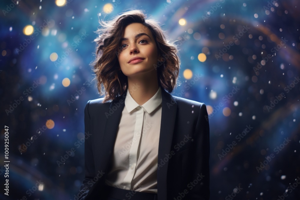 Poster Portrait of a blissful woman in her 20s wearing a professional suit jacket in backdrop of starlit galaxies