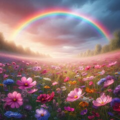 A breathtaking scene of a colorful flower field beneath a rainbow and dramatic cloudy sky. The vibrant hues and natural beauty evoke a sense of wonder and tranquility, ideal for nature and landscape