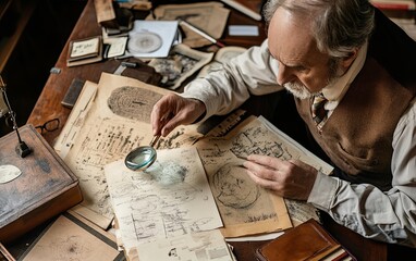 Naklejka premium A scholar examines old documents with a magnifying glass among various papers and tools in a study.