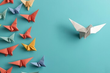 Colorful origami birds on teal background, white isolate background.