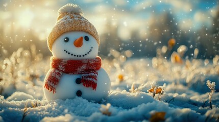 Obraz premium Cheerful snowman in winter field with red scarf and hat during snowfall