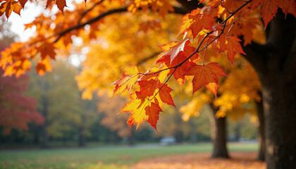 Autumn colorful bright leaves swinging on an oak tree in autumnal park. Fall background. Beautiful nature scene
