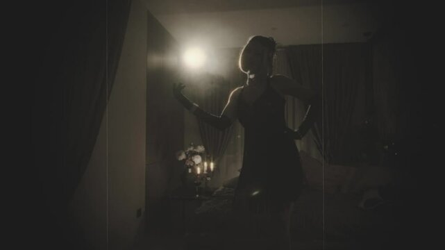 Old film 20s style black and white color, Shadow female silhouette shows hand gesture towards empty free space for text, sexy vintage dress retro happy woman. dark room full smoke invitation party 4k