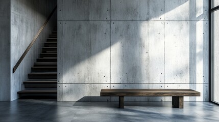 Obraz premium A minimalist concrete staircase and bench in a sleek modern setting with soft natural light, creating a calm, serene architectural space perfect for interior design and urban photography