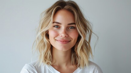 Naklejka premium A photo of an attractive blonde woman with shoulder-length hair, wearing a white t-shirt smiling at the camera.