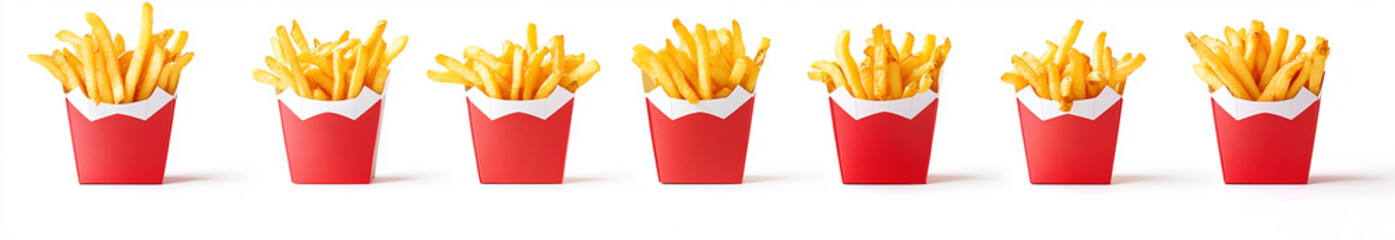 Set of French fries in paper boxes, isolated on a white background