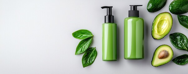 Two bottles of green lotion with avocado and leaves on a gray background.