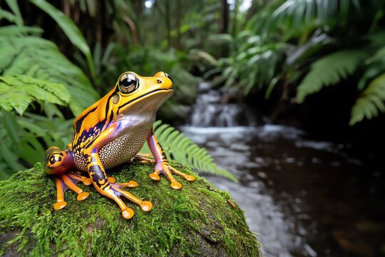 A colorful frog sitting on a mossy rock by a stream, surrounded by lush ferns and tropical plants in the rainforest.