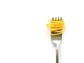 Cooked capellini spaghetti with fork