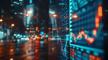 Fototapeta premium A stock market screen displaying financial data and charts, highlighting the concept of artificial intelligence in trading on Wall Street.