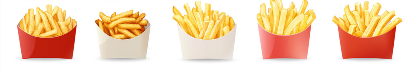 Set of French fries in paper boxes, isolated on a white background