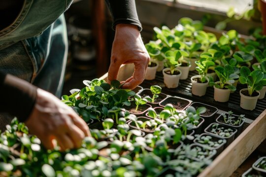 Hands nurturing seedlings in sunlit greenhouse