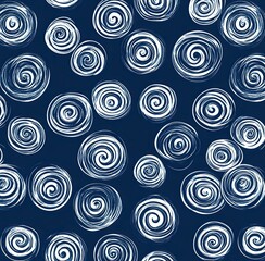 Abstract seamless pattern with white spiral circles on blue background. Modern geometric design for fashion, textile, and wallpaper.