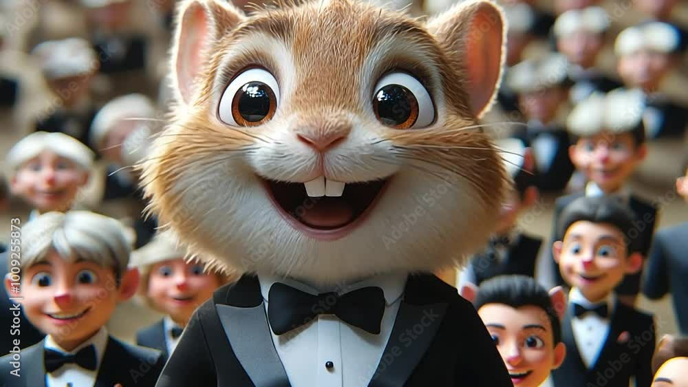 Poster animated character in a tuxedo smiles at a crowded event generative ai