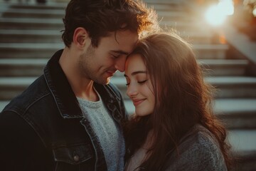 Naklejka premium Affectionate couple sharing a tender moment on city steps, Generative AI