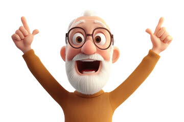 Cheerful elderly man celebrates joyfully with raised hands in animated style, on the transparent background. PNG Format