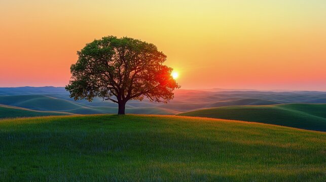 Lone tree on rolling hills at sunset during golden hour in california landscape