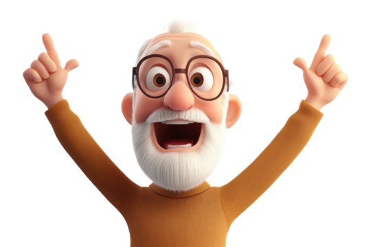 Cheerful elderly man celebrates joyfully with raised hands in animated style, on the transparent background. PNG Format
