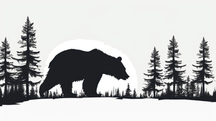 Silhouette of a bear in a forest with pine trees