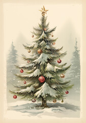 A vintage postcard illustration of a snowy Christmas tree in a retro winter landscape.