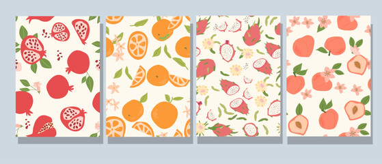 Abstract modern posters with fruits, flat design collection. Set of Vertical cards with tropical fruits whole, slices, pieces. Pomegranate, orange, dragon fruits, peach patterns set. Cover design