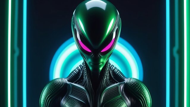 Futuristic alien portrait with neon glowing background and reflective armor